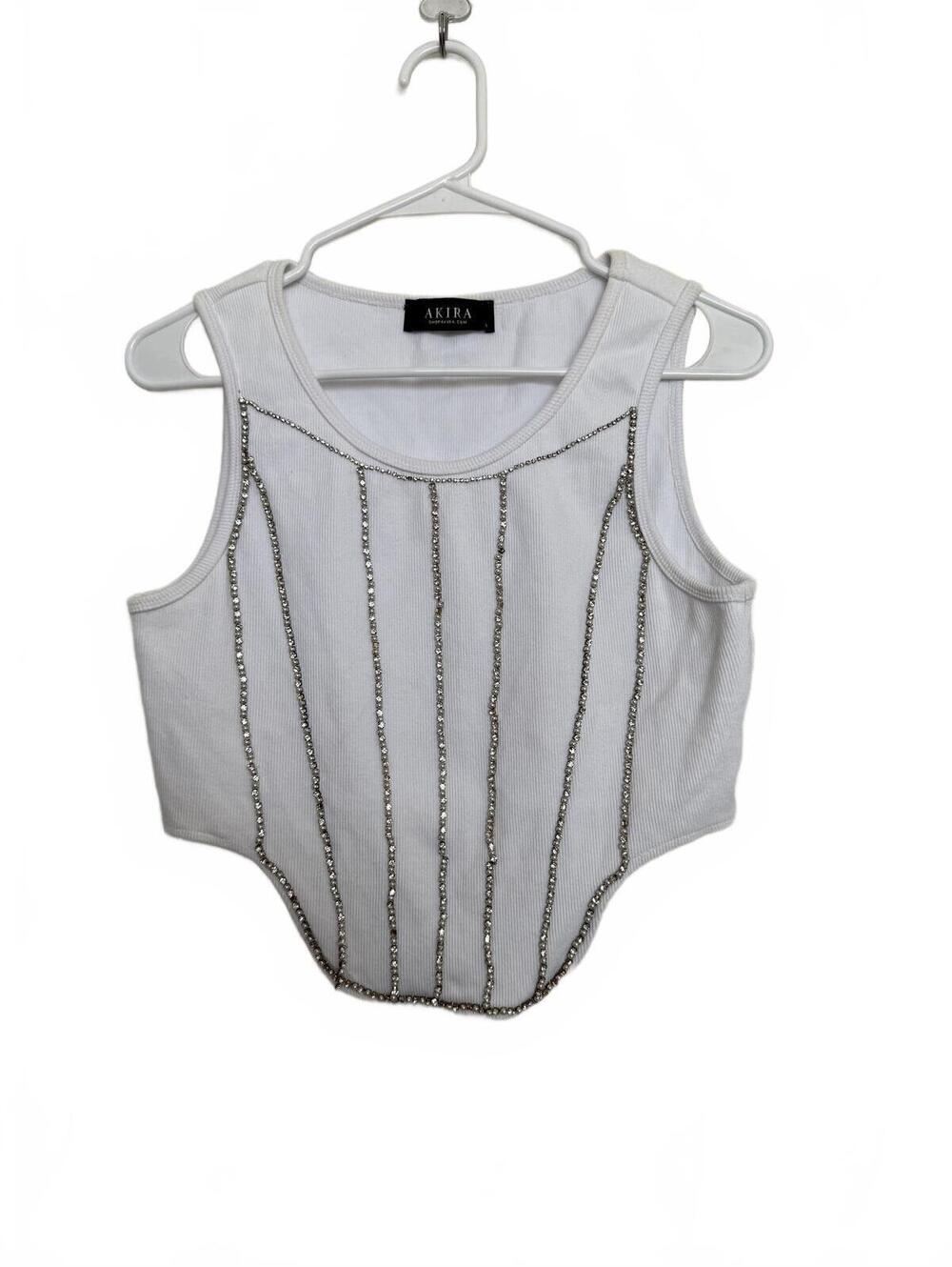 AKIRA White Rhinestone Embellished Sleeveless Crop Top Size L